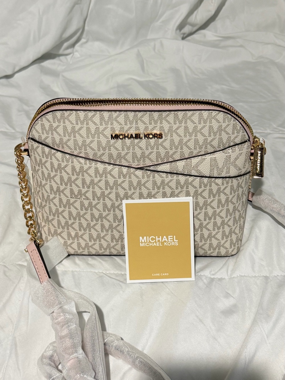 Michael Kors Beige and Pink Logo Crossbody with Gold Hardware
